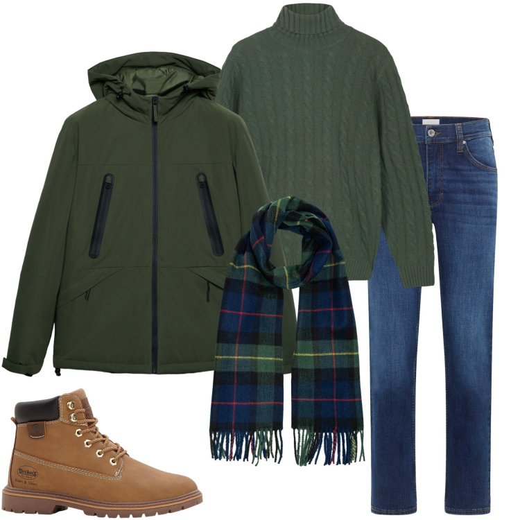 Outfit uomo - Passeggiata sotto la pioggia. Stile Urban per Tutti i giorni. Abbinamento con stivali e stivaletti, jeans dritti, giacche, sciarpe, maglieria.