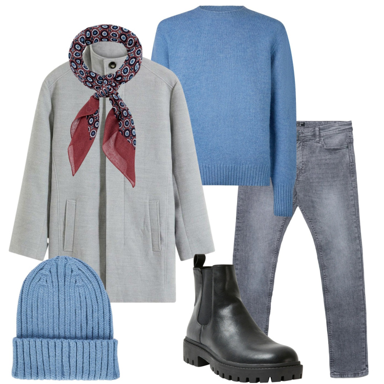 Outfit uomo - Passeggiata sotto la pioggia. Stile Urban per Tutti i giorni. Abbinamento con cappotti, jeans skinny, stivali e stivaletti, berretti, maglieria, sciarpe e foulard.