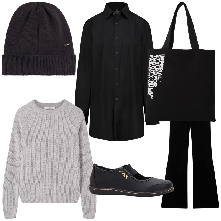 Outfit donna - Total look per il freddo del lunedì. Stile Basic per Tutti i giorni. Abbinamento con ballerine, leggings, maglieria, shopping bag, berretti, camicie.