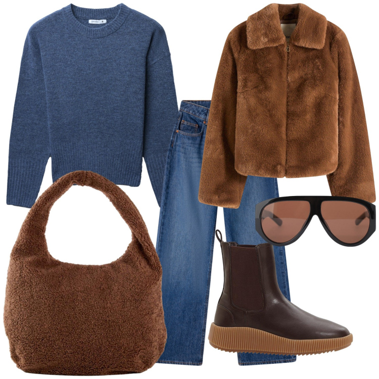 Outfit donna - Ecopelliccia e jeans. Stile Casual chic per Tutti i giorni. Abbinamento con ecopellicce, shopping bag, stivaletti chelsea, jeans, maglieria, occhiali da sole.