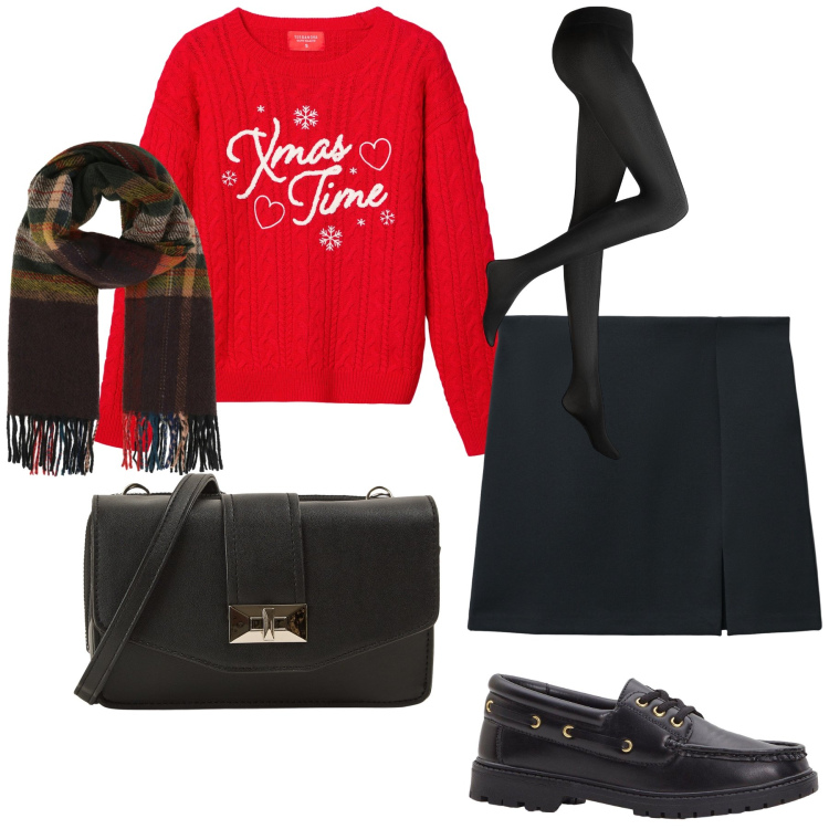 Outfit donna - Tra un mese Natale. Stile Trendy per Tutti i giorni. Abbinamento con collant, mocassini, sciarpe, borse a tracolla, minigonne, maglieria.