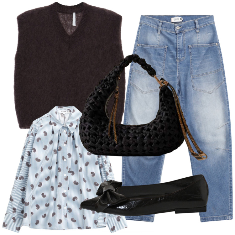 Outfit donna - Pomeriggio con amica al bar. Stile Sporty chic per Tutti i giorni. Abbinamento con jeans, camicie, ballerine, maglieria, borse a mano.