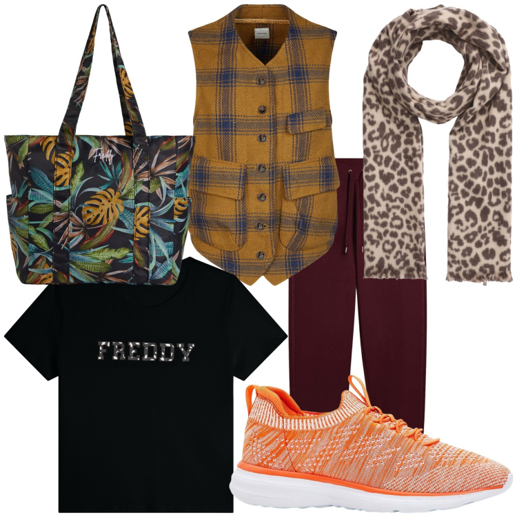 Outfit donna - Semplicemente mix look. Stile Trendy per Tutti i giorni. Abbinamento con sneakers, sciarpe, shopping bag, t-shirt, pantaloni, gilet.