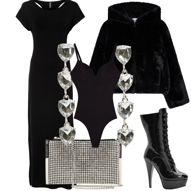 Outfit donna - Anniversario. Stile Romantica per Serata fuori. Abbinamento con vestiti, stivaletti, pochette, ecopellicce, orecchini, body.