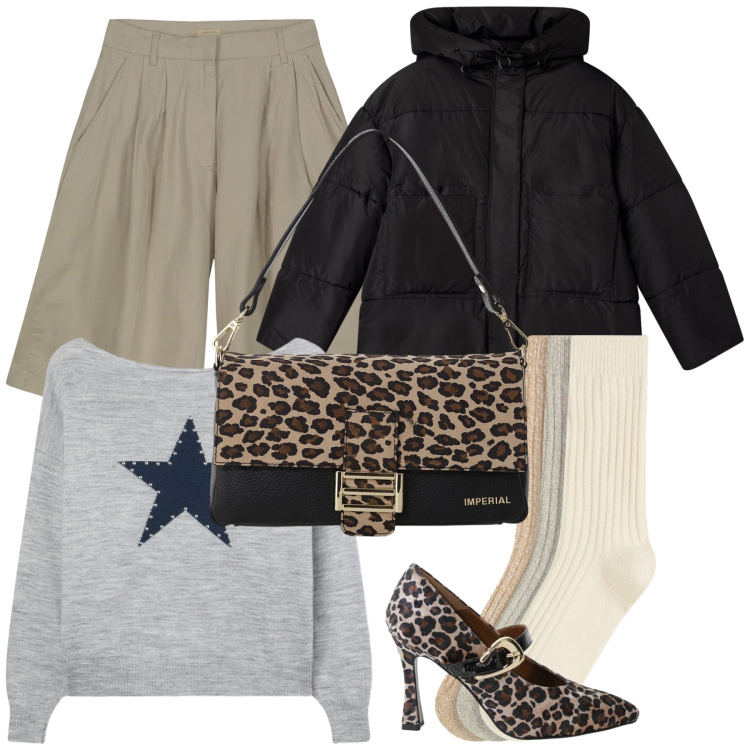 Outfit donna - Calzini e tacchi in ufficio. Stile Trendy per Ufficio. Abbinamento con calzini, maglieria, bomber, borse a spalla, décolleté, bermuda.