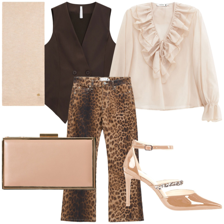 Outfit donna - Glam col gilet. Stile Glamour per Serata fuori. Abbinamento con camicie, pantaloni, pochette, décolleté, gilet, sciarpe.