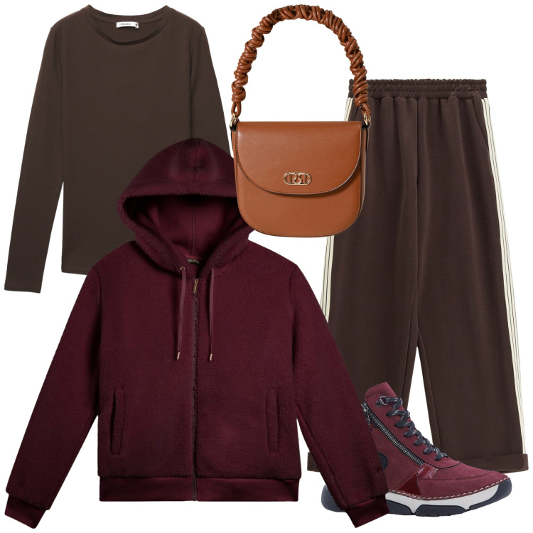 Outfit donna - Look sportivo borsa chic. Stile Sporty chic per Tutti i giorni. Abbinamento con stivaletti, t-shirt, borse a mano, pantaloni, bomber.