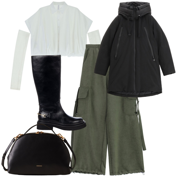 Outfit donna - Total look. Stile Urban per Ufficio. Abbinamento con parka, stivali sopra il ginocchio, pantaloni a palazzo, camicie a manica corta, borse a mano.