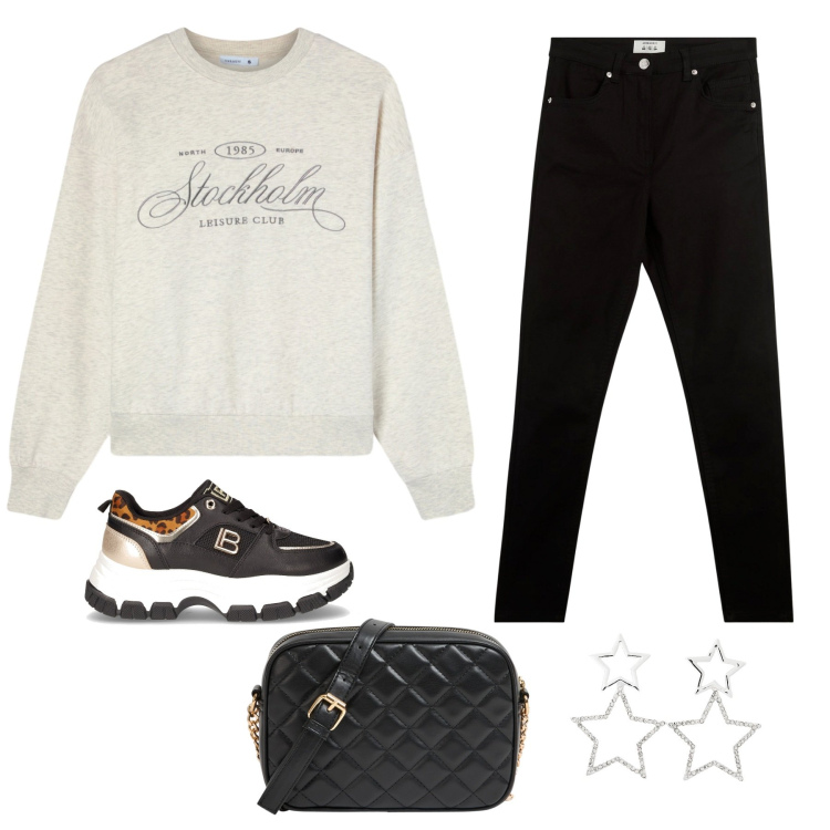 Outfit donna - Passeggiata all\'aria aperta. Stile Casual per Tutti i giorni. Abbinamento con pantaloni skinny, felpe, borse a tracolla, orecchini, sneakers.