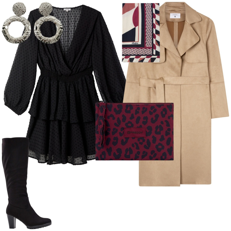 Outfit donna - Inizio di settimana. per Ufficio. Abbinamento con stivali, vestiti corti, trench, orecchini, clutch, foulard.