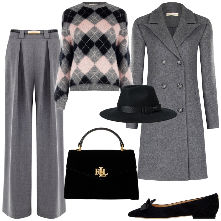 Outfit donna - Tea con le amiche. Stile Bon Ton per Tutti i giorni. Abbinamento con maglieria, pantaloni a palazzo, cappotti, ballerine, cappelli, borse a mano.