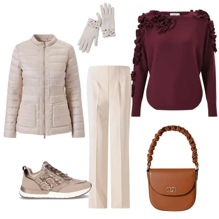 Outfit donna - Freddo elegante. Stile Bon Ton per Ufficio. Abbinamento con pantaloni a palazzo, borse a mano, piumini, guanti, maglieria, sneakers.