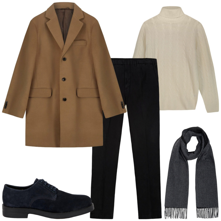 Outfit uomo - In ufficio. Stile Business/Elegante per Ufficio. Abbinamento con pantaloni, cappotti, scarpe stringate, sciarpe, maglieria.