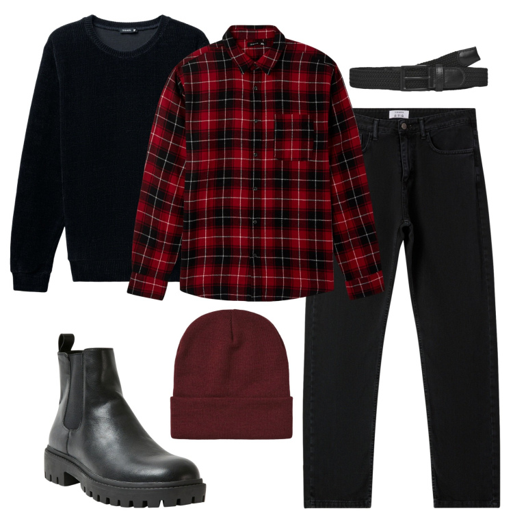 Outfit uomo - Novembre. Stile Casual per Tutti i giorni. Abbinamento con stivali e stivaletti, camicie, cinture, maglieria, berretti, jeans dritti.