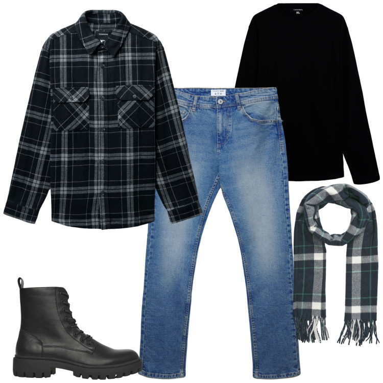 Outfit uomo - Total look #2292846. Stile Casual per Tutti i giorni. Abbinamento con cappotti, t-shirt, anfibi, sciarpe, jeans dritti.