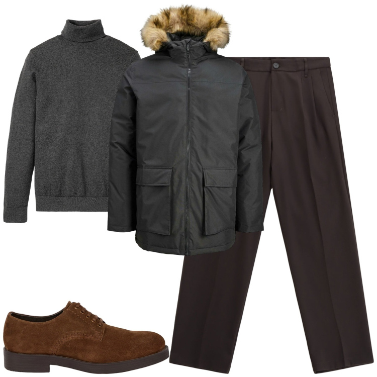 Outfit uomo - City. Stile Urban per Tutti i giorni. Abbinamento con parka, maglieria, pantaloni, scarpe stringate.