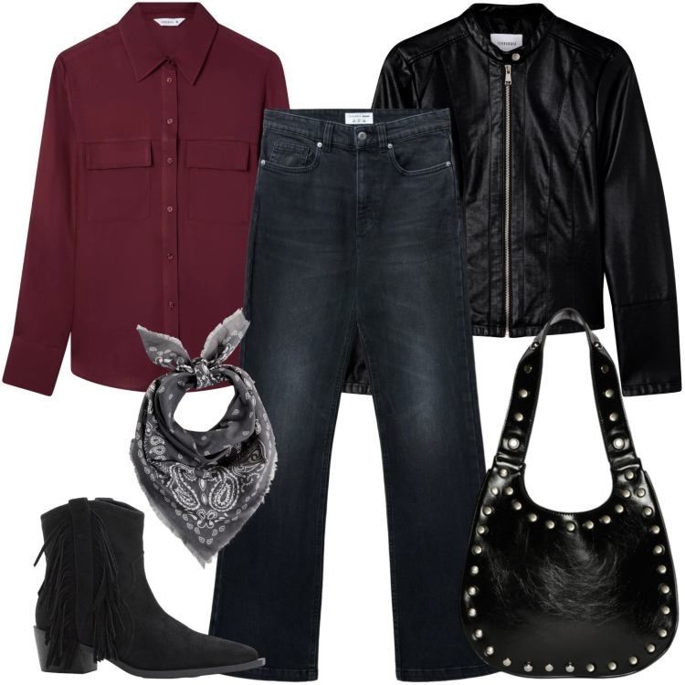 Outfit donna - Camicia e foulard. Stile Rock per Serata fuori. Abbinamento con foulard, stivaletti texani, jeans bootcut, camicie, giacche, borse a spalla.