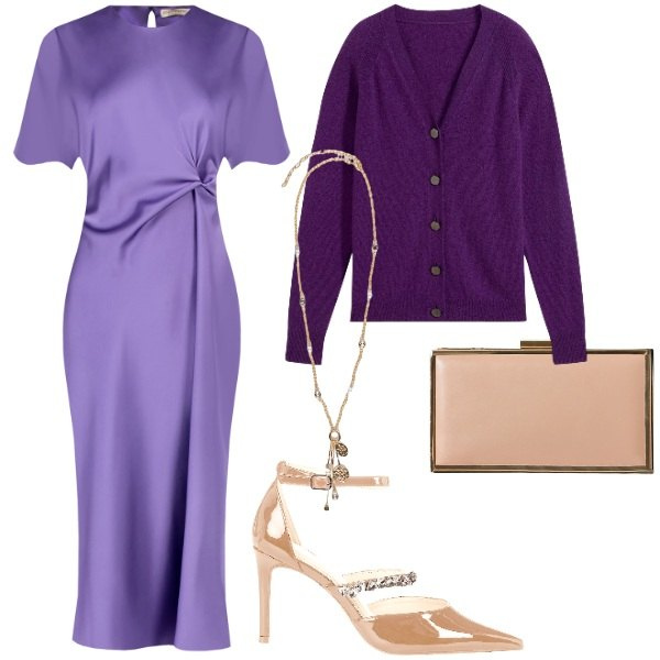 Outfit donna - Novembre purple - @antonellal. Stile Chic per Cerimonia. Abbinamento con cardigans, vestiti midi/longuette, pochette, décolleté, ciondoli.