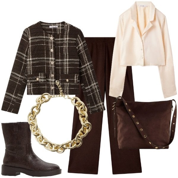 Outfit donna - Tutto per donne piccole e formose. Stile Vintage retrò per Ufficio. Abbinamento con stivaletti, shopping bag, blazer, pantaloni, camicie, collane.