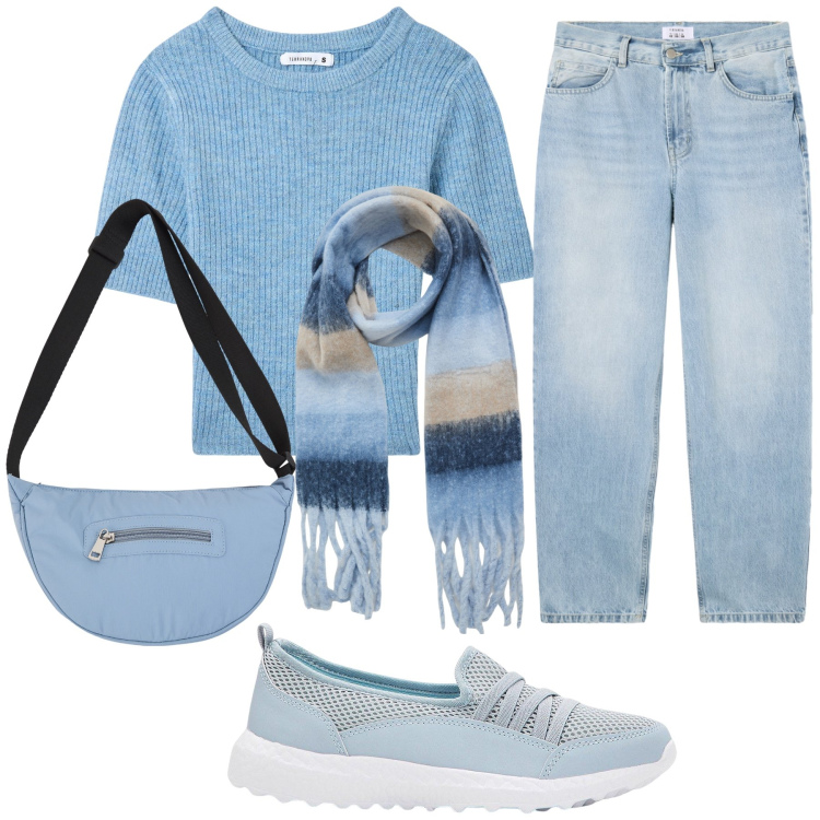 Outfit donna - Azzurro. Stile Casual per Tutti i giorni. Abbinamento con sneakers, t-shirt, sciarpe, borse a tracolla, jeans dritti.