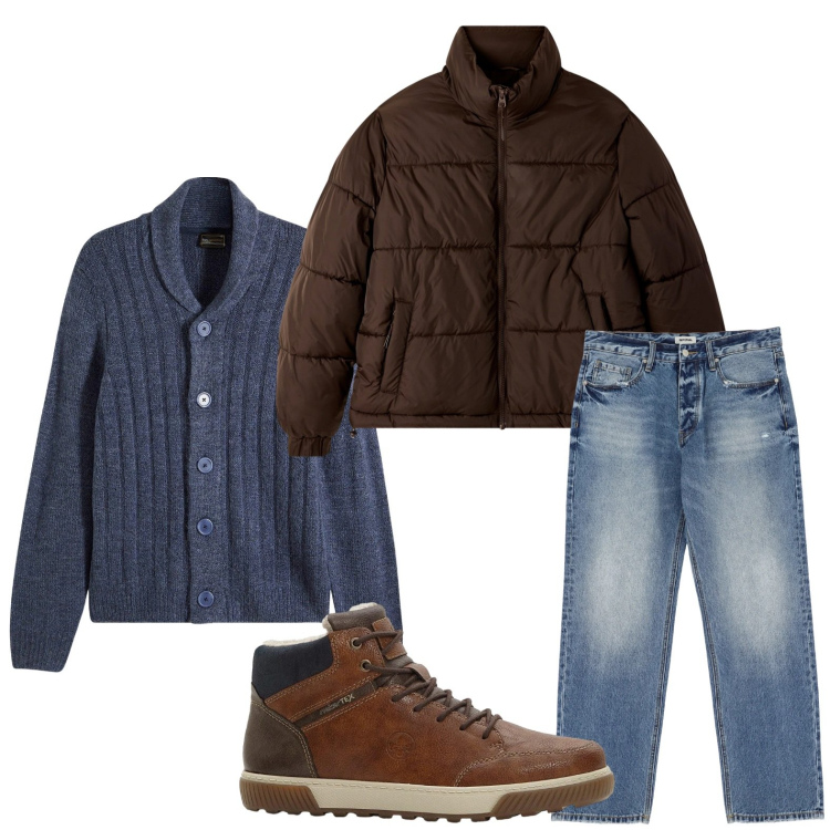 Outfit uomo - Colori di stagione. Stile Casual per Tutti i giorni. Abbinamento con sneakers alte, cardigans, bomber, jeans.