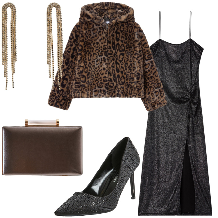 Outfit donna - Festa di anniversario di nozze. Stile Glamour per Serata fuori. Abbinamento con clutch, orecchini, décolleté, vestiti lunghi, ecopellicce.