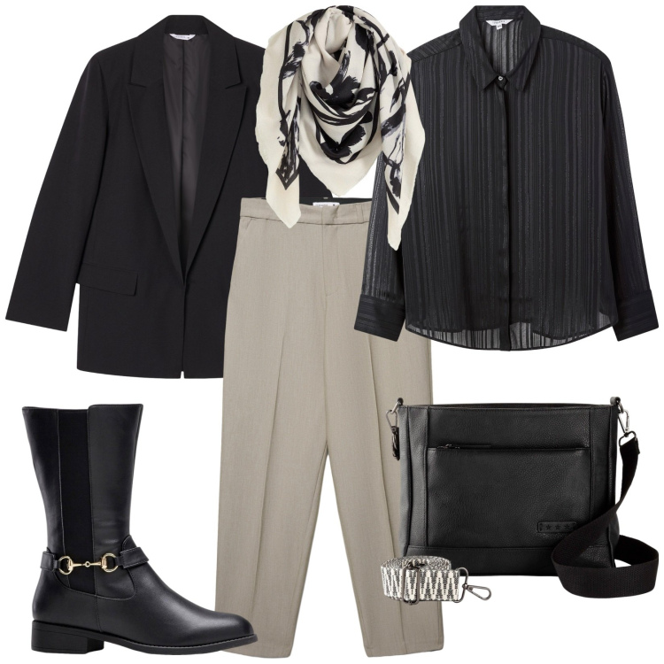 Outfit donna - Foulard e camicia. Stile Mannish per Ufficio. Abbinamento con stivali, borse a tracolla, foulard, pantaloni chino, blazer, camicie.