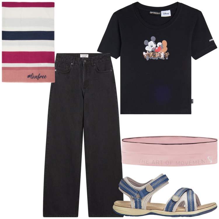 Outfit donna - Un po’ di colore sul nero in casa. Stile Basic per Tutti i giorni. Abbinamento con sandali, jeans, marsupi, t-shirt, sciarpe.