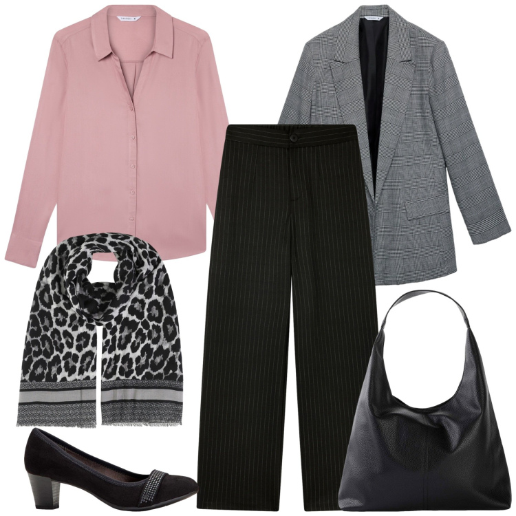 Outfit donna - Camicia e foulard. Stile Mannish per Ufficio. Abbinamento con décolleté, shopping bag, foulard, camicie, pantaloni, blazer.