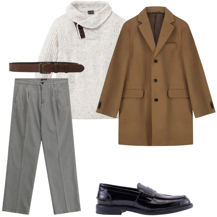 Outfit uomo - Eleganza trasversale. Stile Casual per Ufficio. Abbinamento con maglieria, pantaloni, cinture, cappotti, scarpe stringate.