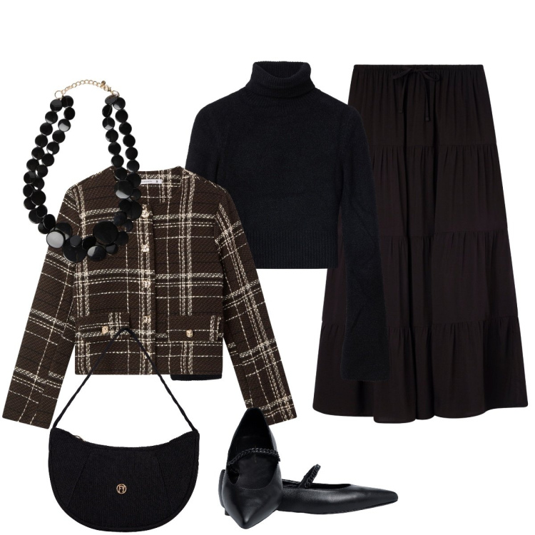 Outfit donna - In città. Stile Chic per Tutti i giorni. Abbinamento con gonne lunghe, blazer, maglieria, borse a mano, ballerine, collane.