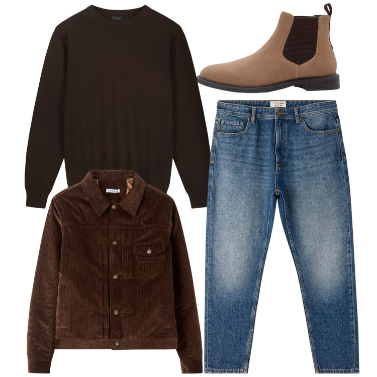 Outfit uomo - Total look casual brown. Stile Casual per Tutti i giorni. Abbinamento con stivali e stivaletti, jeans, cappotti, maglieria.