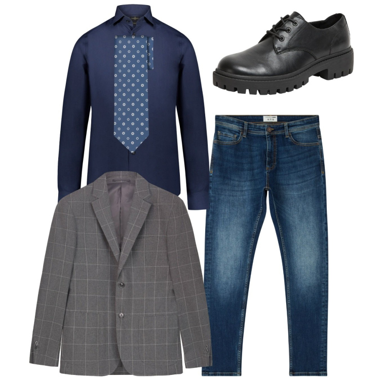 Outfit uomo - Total look. Stile Casual per Tutti i giorni. Abbinamento con jeans skinny, scarpe stringate, giacche, camicie, cravatte.