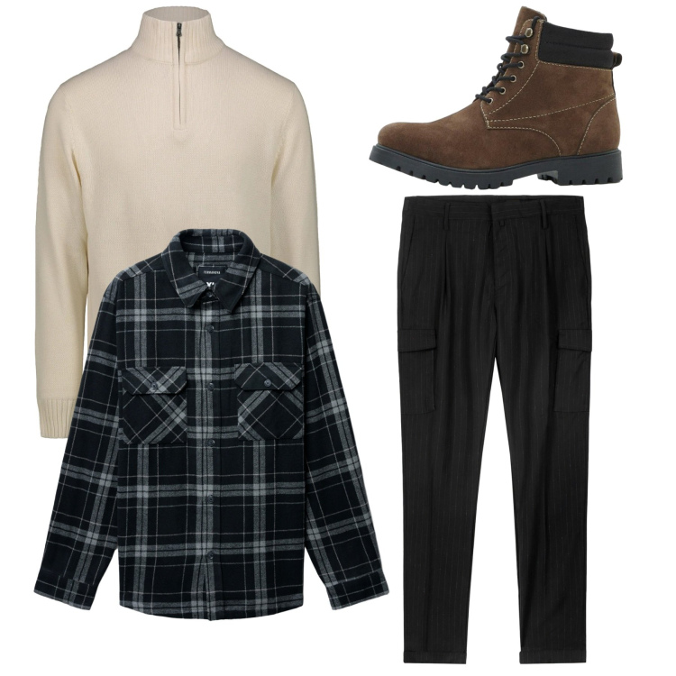 Outfit uomo - Total look. Stile Casual per Tutti i giorni. Abbinamento con stivali e stivaletti, cappotti, pantaloni cargo, maglieria.