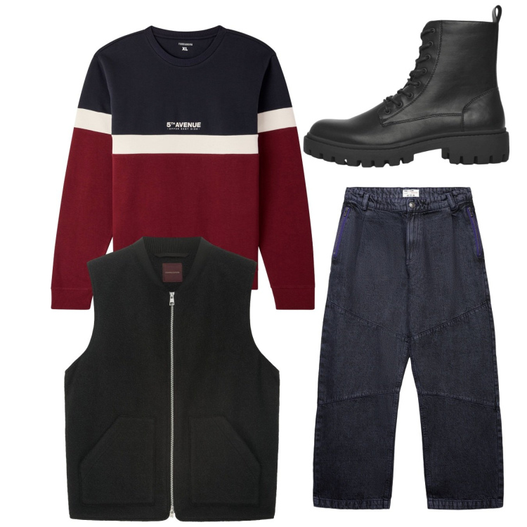 Outfit uomo - Total look city. Stile Urban per Tutti i giorni. Abbinamento con anfibi, felpe, jeans dritti, piumini.