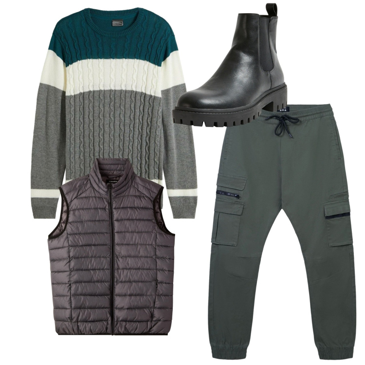 Outfit uomo - Total look tocco verde. Stile Casual per Tutti i giorni. Abbinamento con maglieria, stivali e stivaletti, pantaloni cargo, piumini.