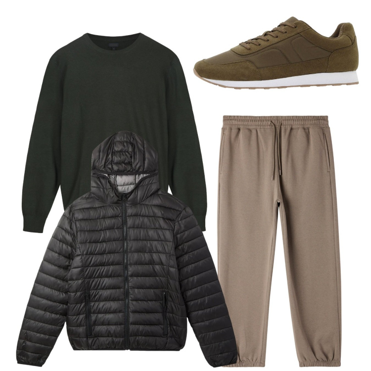 Outfit uomo - Total look. Stile Casual per Tutti i giorni. Abbinamento con sneakers, pantaloni, piumini, maglieria.
