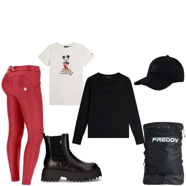 Outfit donna - Una giornata di relax. Stile Sporty chic per Tutti i giorni. Abbinamento con pantaloni skinny, zaini, felpe, t-shirt, cappelli, stivaletti chelsea.