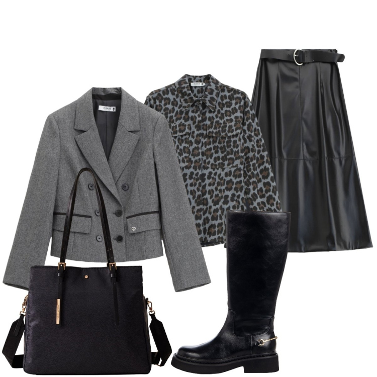 Outfit donna - In città. Stile Chic per Tutti i giorni. Abbinamento con blazer, camicie, stivali sopra il ginocchio, gonne lunghe, shopping bag.
