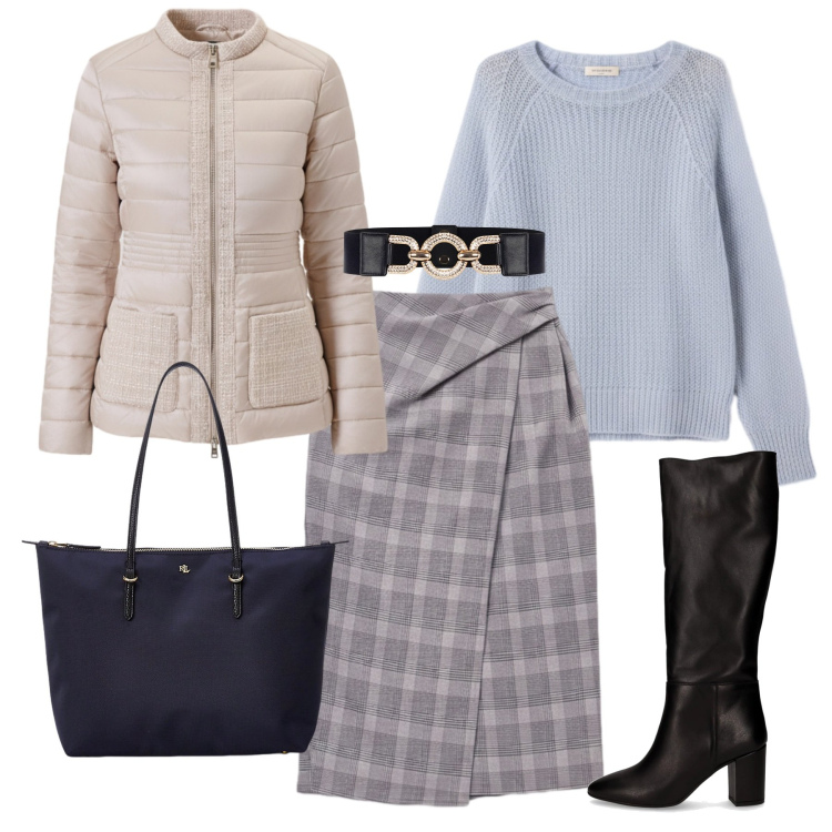 Outfit donna - Rinascimento - Black Friday 2025. Stile Bon Ton per Ufficio. Abbinamento con gonne longuette, piumini, maglieria, cinture, borse tote, stivali.