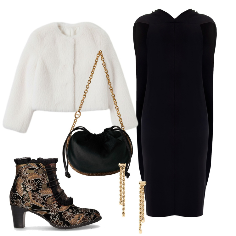 Outfit donna - Rinascimento - Black Friday 2025. Stile Chic per Serata fuori. Abbinamento con vestiti lunghi, ecopellicce, borse a spalla, orecchini, stivaletti.