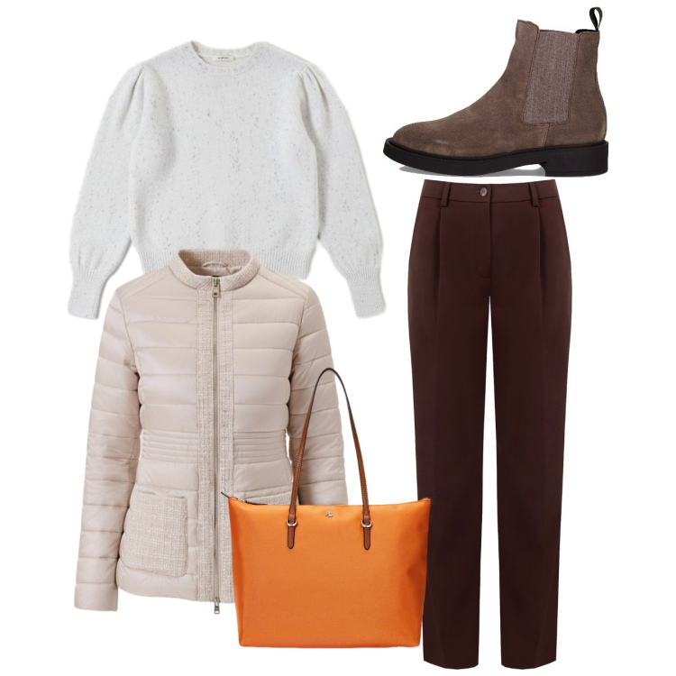 Outfit donna - Rinascimento - Black Friday 2025. Stile Bon Ton per Scuola/Università. Abbinamento con piumini, pantaloni, maglieria, borse tote, stivaletti chelsea.