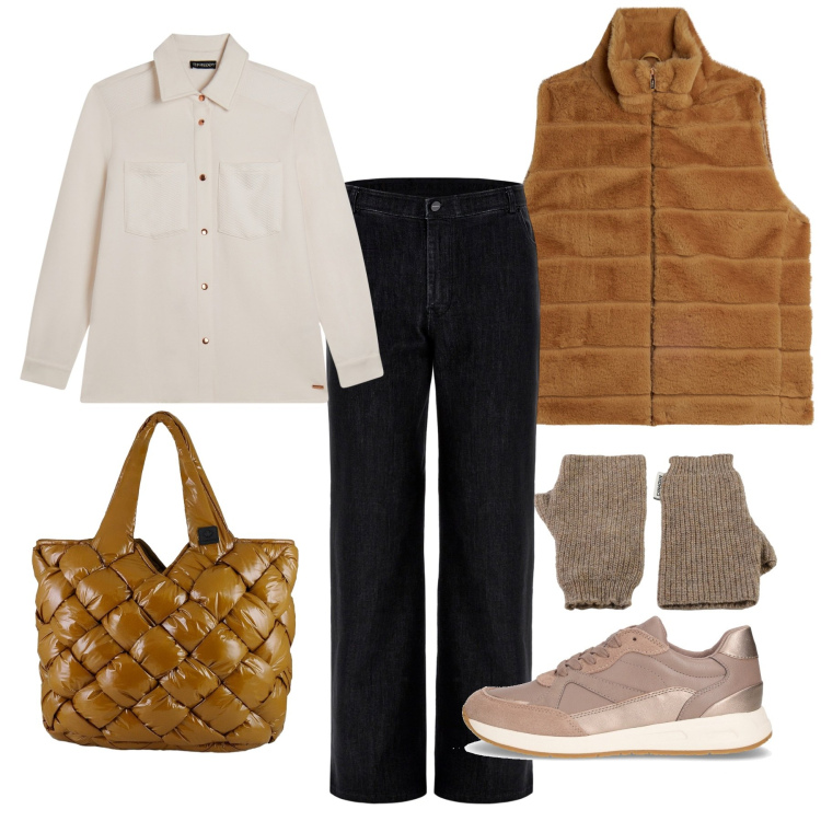 Outfit donna - Casual-chic a novembre. Stile Casual chic per Ufficio. Abbinamento con camicie, jeans, gilet, guanti, borse tote, sneakers.
