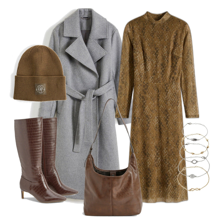 Outfit femme - Novembre. Style Tendance pour Tous les jours. Assortir avec bracelets, manteaux, bonnets, pantalon , sacs à main, bottes.