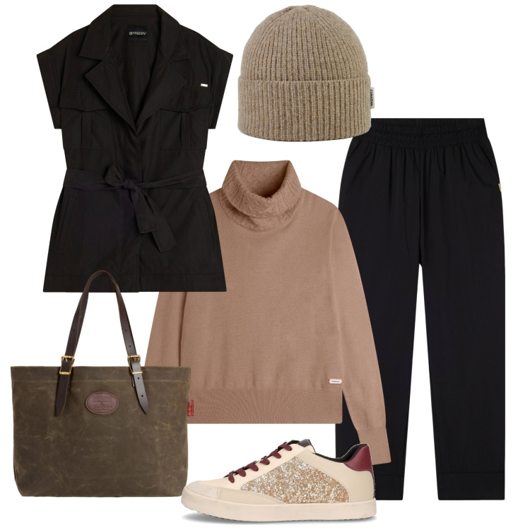 Outfit donna - Casual-chic a novembre. Stile Casual chic per Tutti i giorni. Abbinamento con pantaloni, maglieria, trench, berretti, borse tote, sneakers.