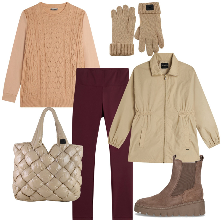 Outfit donna - Casual-chic a novembre. Stile Casual chic per Tutti i giorni. Abbinamento con maglieria, parka, leggings, borse tote, guanti, stivaletti chelsea.