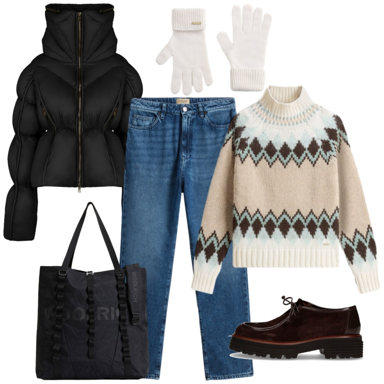 Outfit donna - Casual-chic a novembre. Stile Casual chic per Tutti i giorni. Abbinamento con piumini, maglieria, borse tote, guanti, jeans, mocassini.