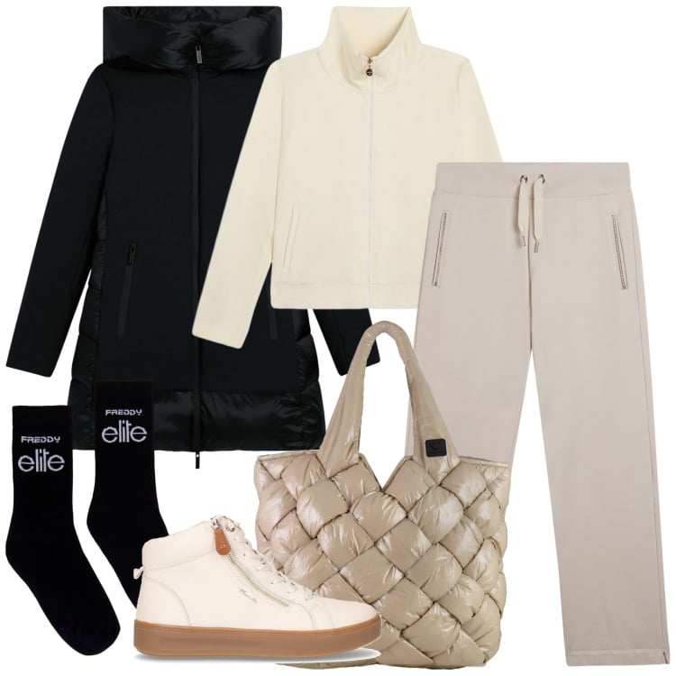 Outfit donna - Casual-chic a novembre. Stile Casual chic per Tutti i giorni. Abbinamento con pantaloni, eskimo, felpe, calzini, borse tote, sneakers.