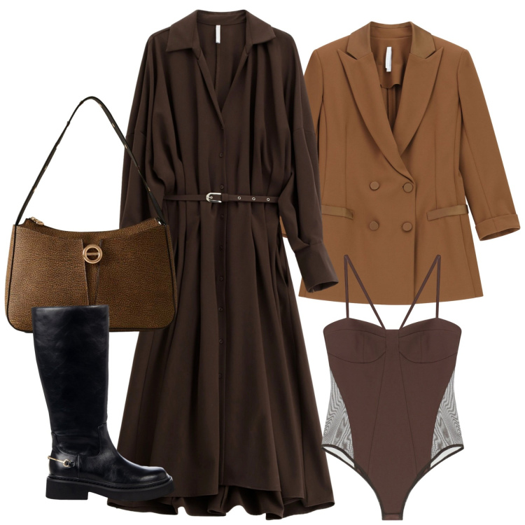 Outfit donna - Black Friday Chic. Stile Chic per Tutti i giorni. Abbinamento con stivali sopra il ginocchio, vestiti lunghi, blazer, body, borse a mano.