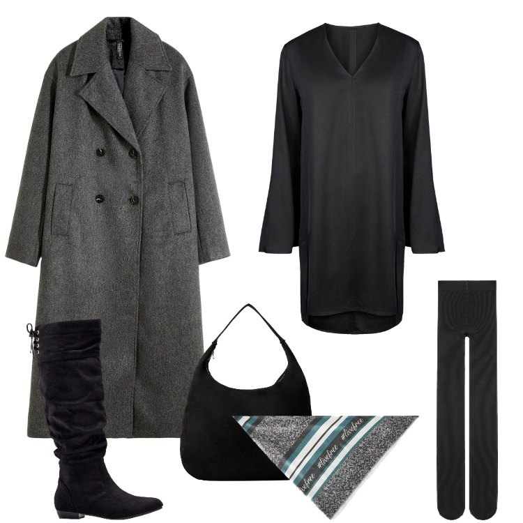 Outfit donna - Total look #2292904. Stile Boho per Tutti i giorni. Abbinamento con stivali, cappotti, collant, borse a mano, vestiti a tubino, foulard.